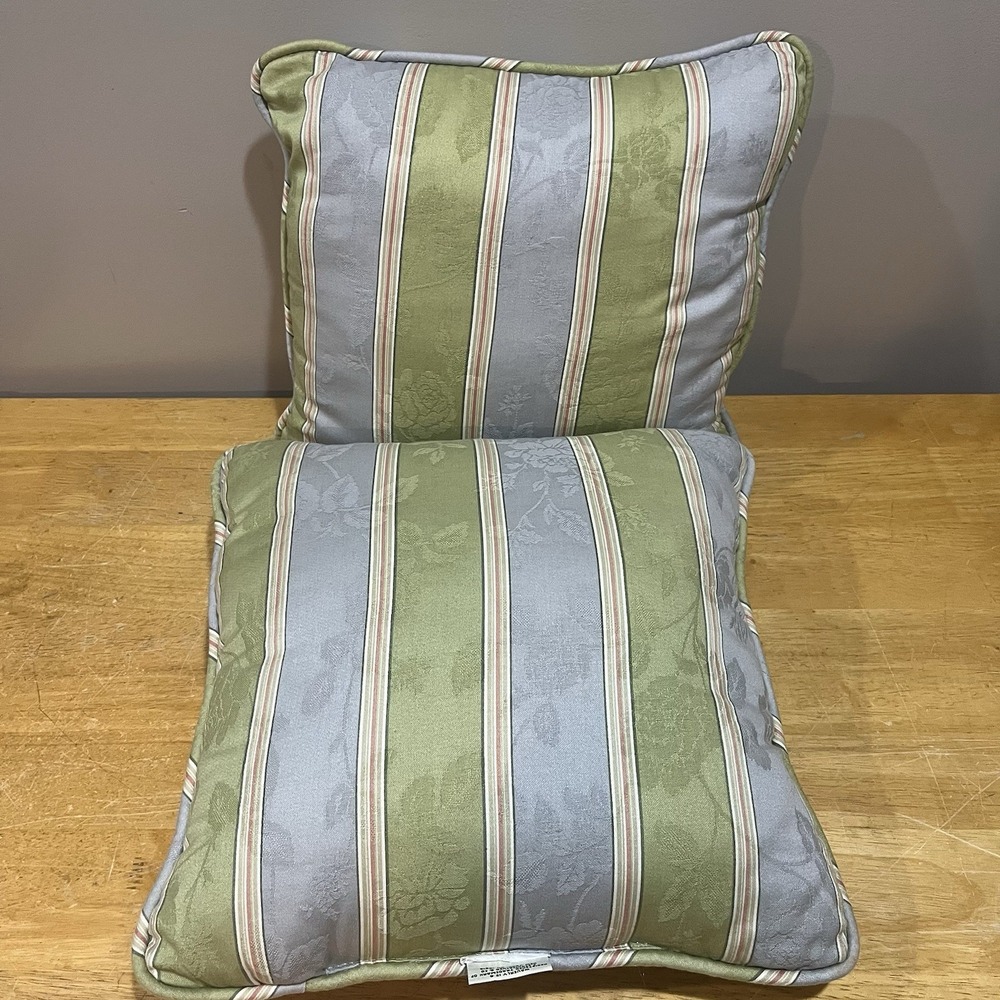 Waverly Floral Blue Green Pink Striped Leaves Decorative‎ Throw Pillows 2- 15x15